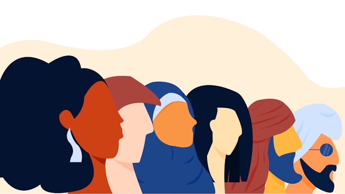 Flat illustration about brotherhood, sisterhood, bond, diversity, inclusion and togetherness without any difference. Side face of group of people, diverse and form various culture.