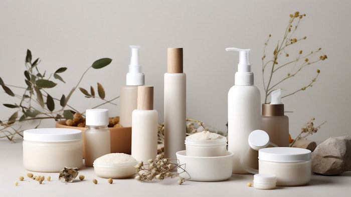 Isolated white skincare product set, no label or logo, surrounded by natural items, marketing mockup, marketing concept.